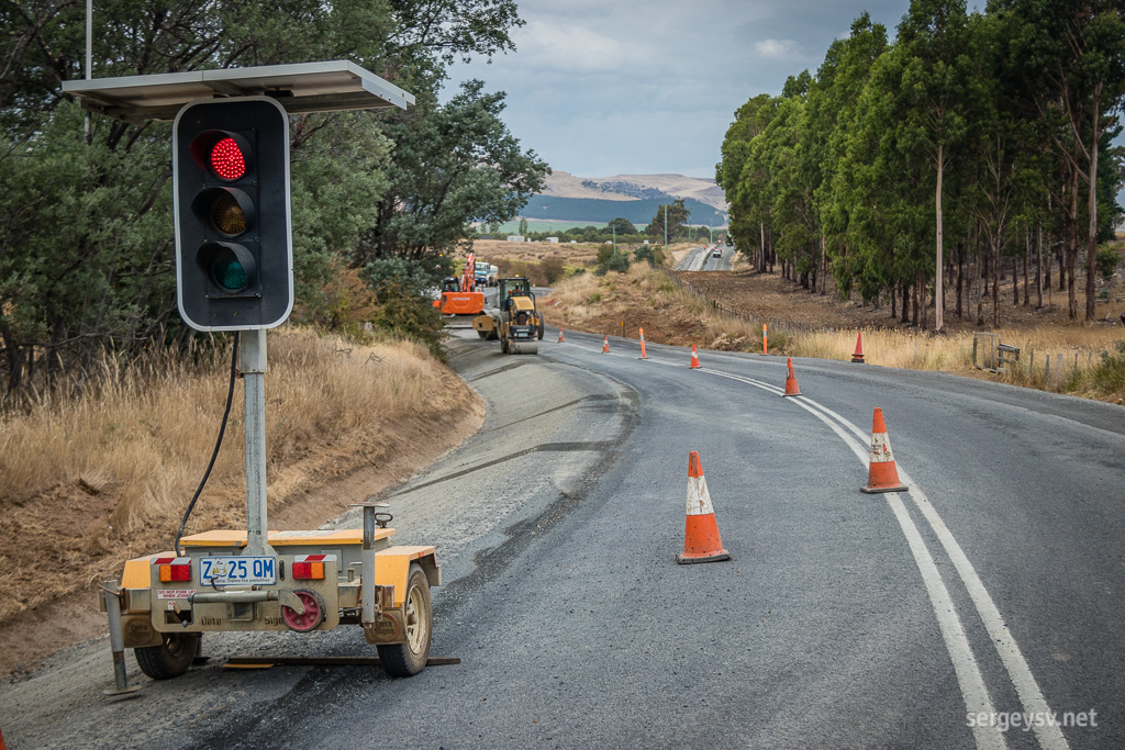 Tasmanian roadworks. Love those mobile traffic lights.