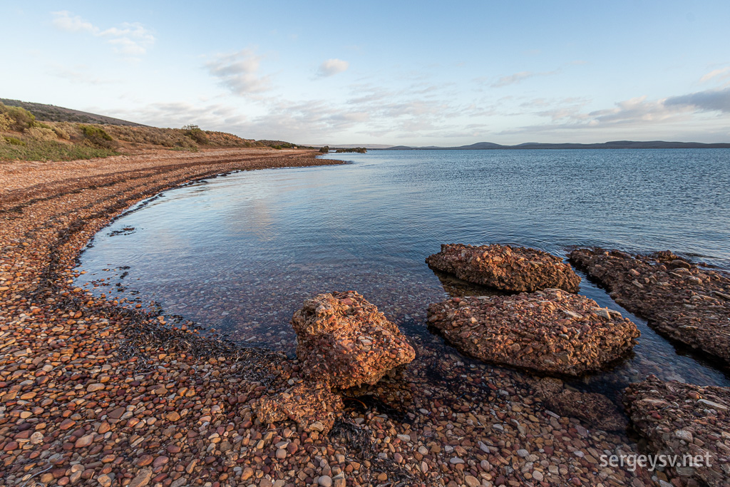 The rocky beach.