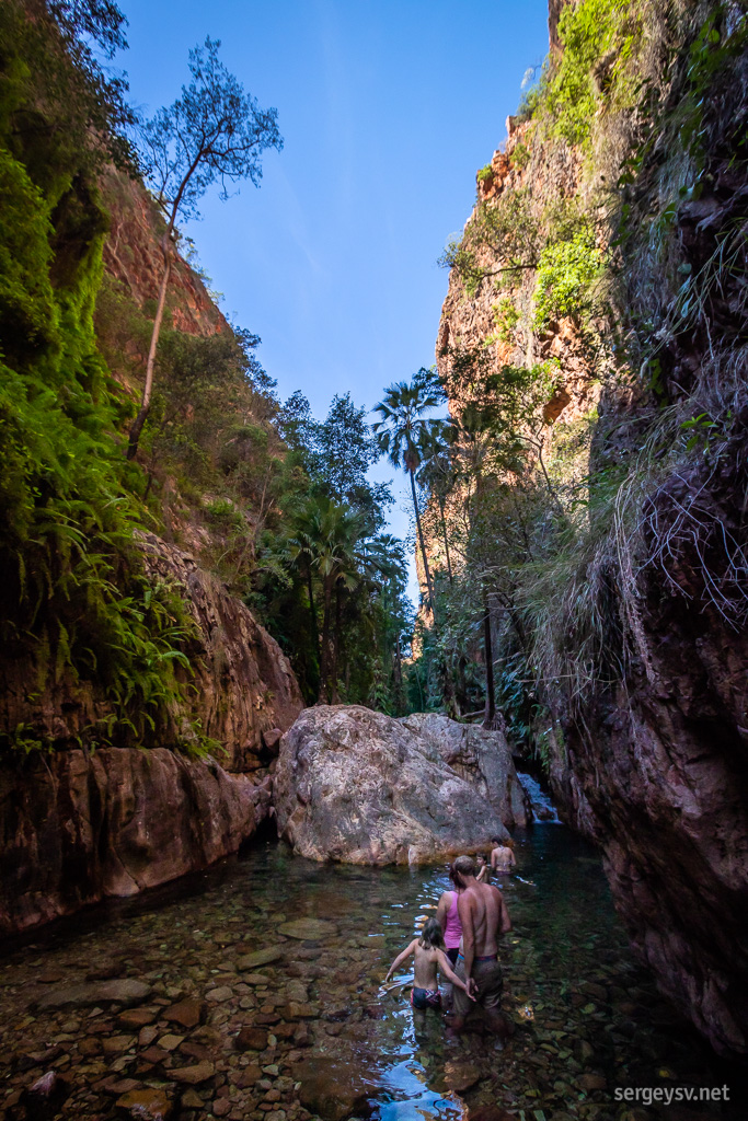 The first pool and the swimmers.